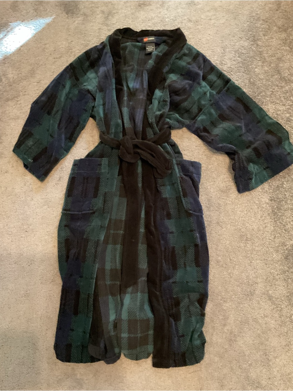 Men's Green and Black Plaid Bathrobe with Belt